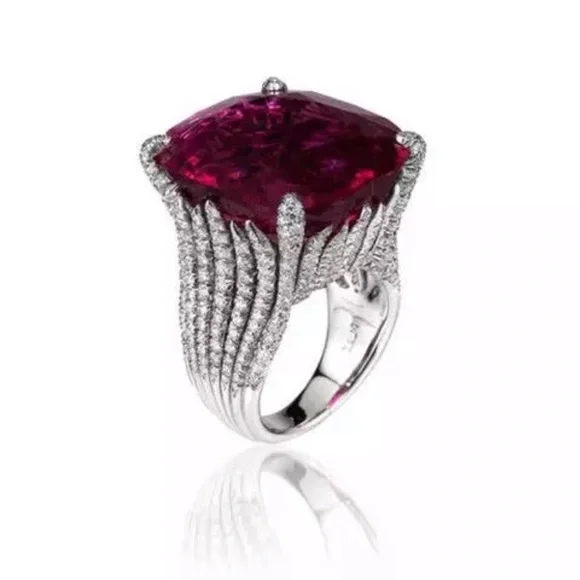 New Women’s Vintage Silver Geometric Big Stone Red Zircon Ring - Picture 2 of 3